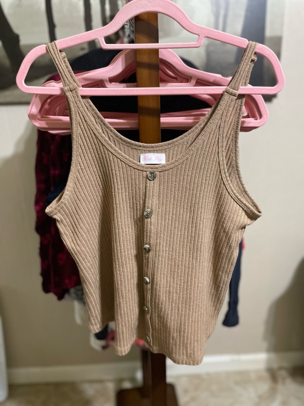 Pink Lily Taupe Ribbed Button-Front Cami